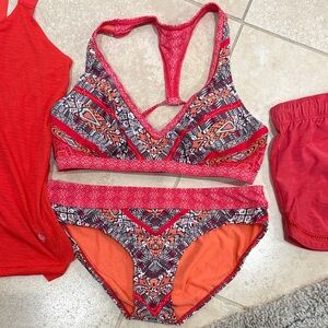 Prana Orange and Red Patterned Swimwear Bundle